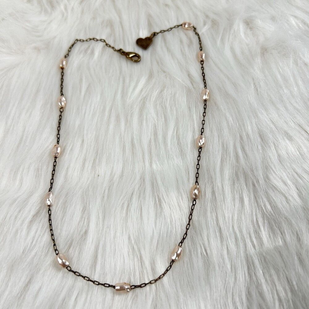 Vintage Mattel Barbie Faux Pink Pearl Station Necklace Heart Logo Tag Barbiecore
